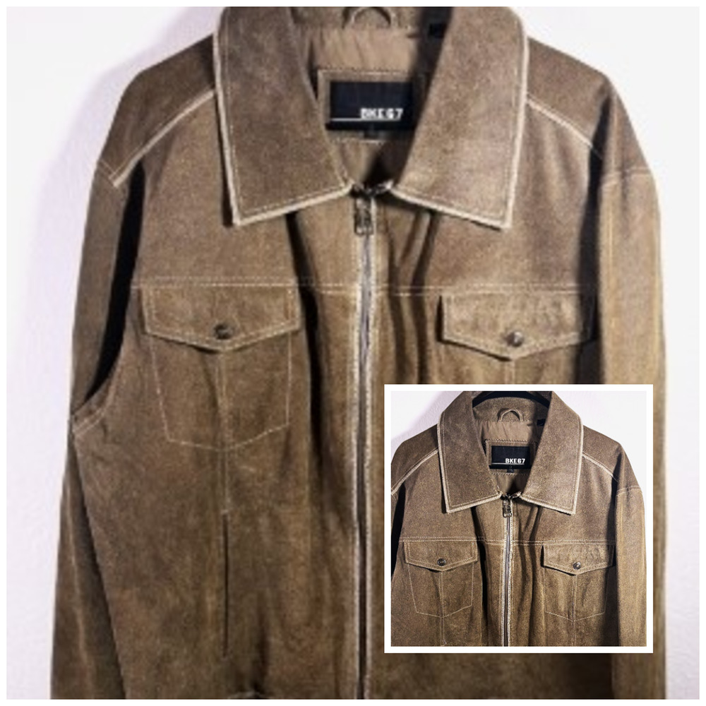 Y2k BKE 67 Leather Trucker Jacket M Brown Distressed Lined Zip Grunge Western